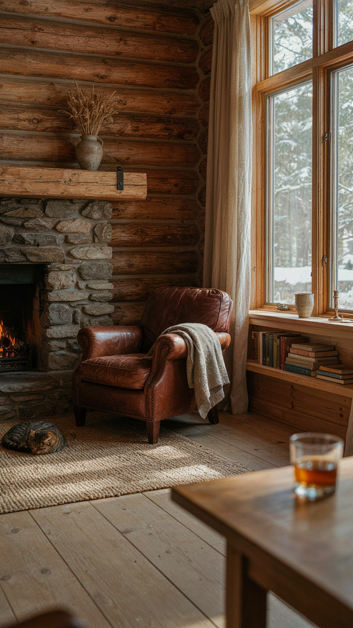 A log cabin living room with varied wood textures and finishes on walls and shelves.