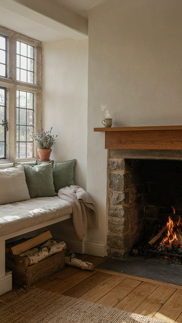 A built-in window seat next to a cottage fireplace with integrated log storage.
