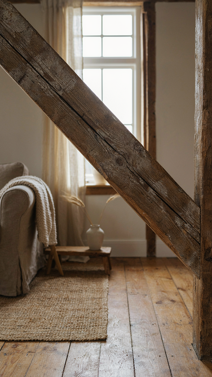 A weathered wooden beam with natural cracks in a barn house living room.
