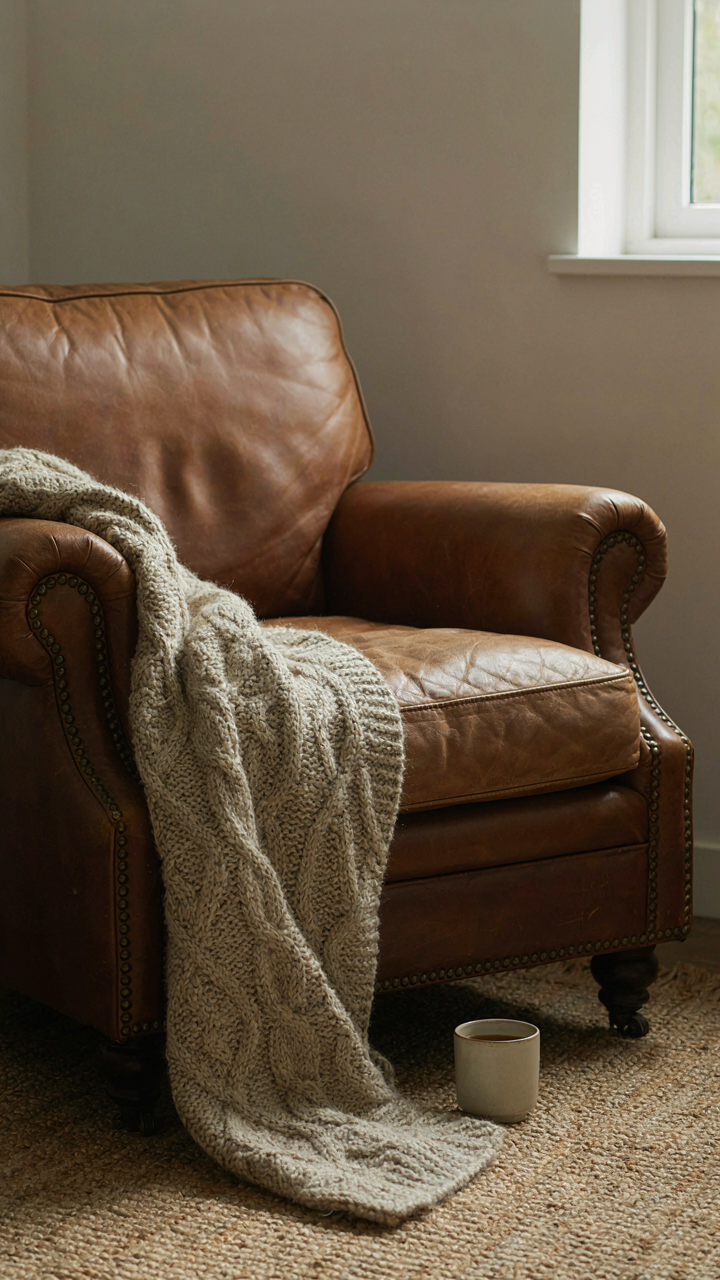 A chunky knit blanket over a leather armchair with a jute rug.