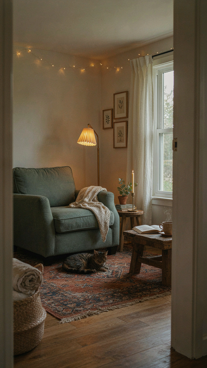 A cozy she shed interior uses layered lights to create a warm atmosphere.