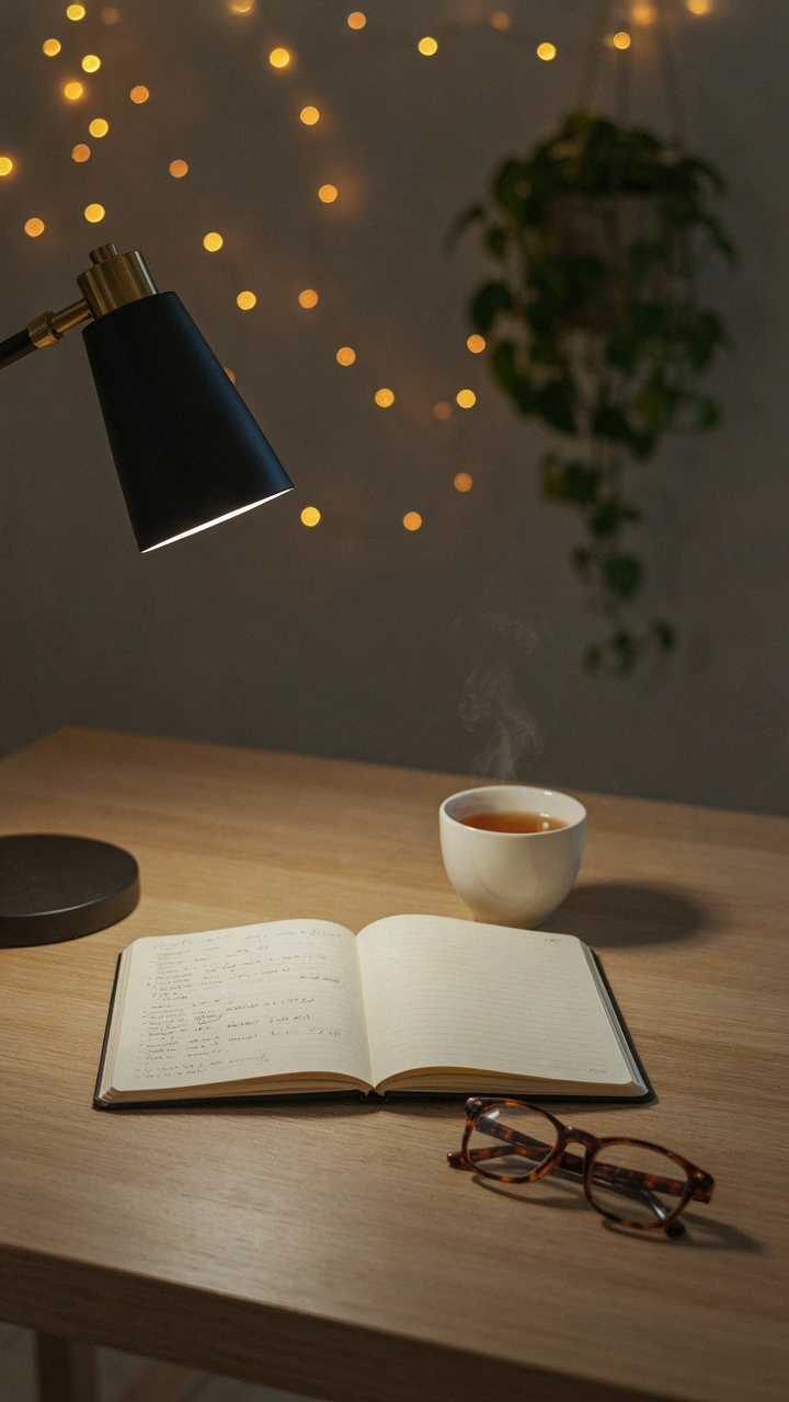 A bright desk lamp illuminates a notebook, with soft ambient lights in the background.