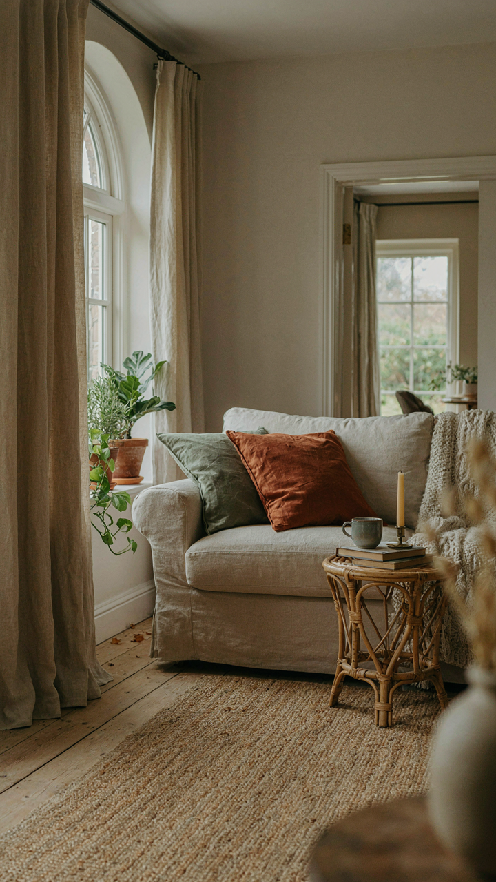 A cozy sunroom featuring a jute rug, linen curtains, and soft lighting.