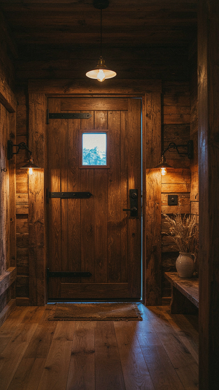 Layered lighting from an overhead light, sconces, and a floor light in a cabin entryway.