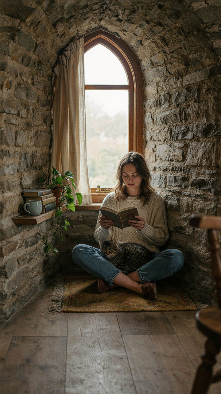 A person sits peacefully in a deliberately curved alcove within a storybook cottage.