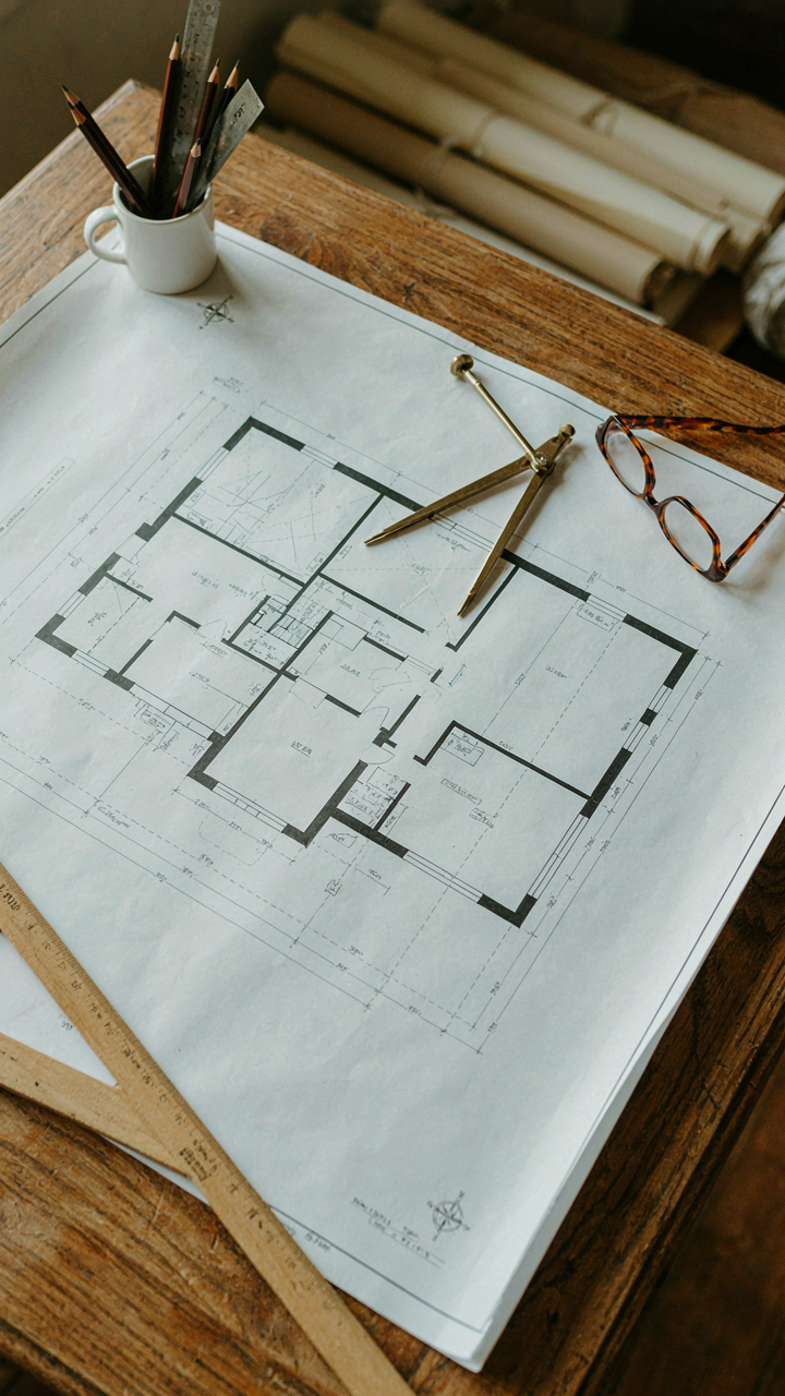 A close-up of a craftsman bungalow blueprint shows thick and thin lines.