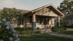 A charming craftsman bungalow with a wide front porch sits nestled among green shrubs.