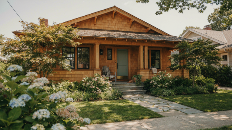A charming craftsman bungalow with a wide porch and earthy tones, nestled in a green garden.