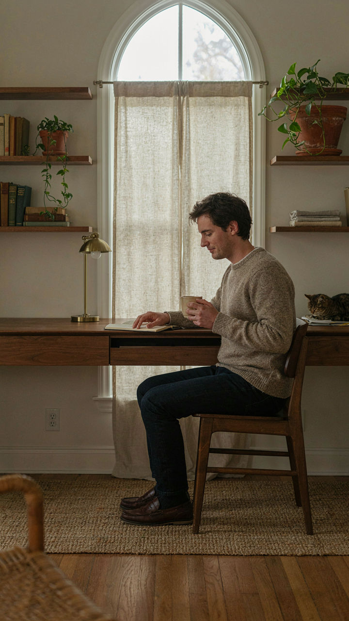 A person working at a built-in wooden desk in a craftsman home office.