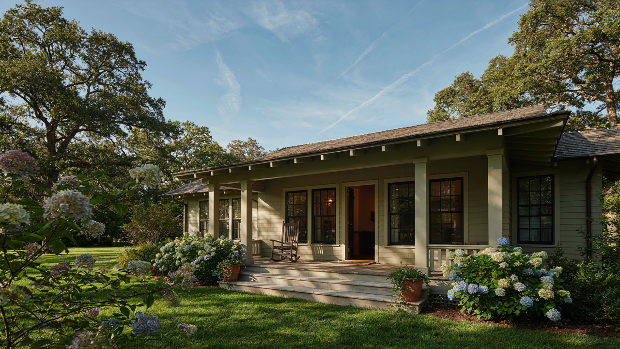 A beautiful craftsman cottage with a welcoming front porch and colorful flowers.