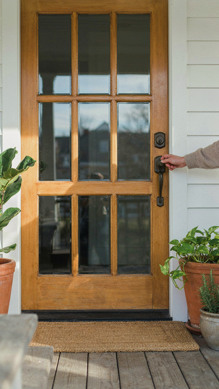 A hand reaching for the doorknob of a welcoming craftsman front door.