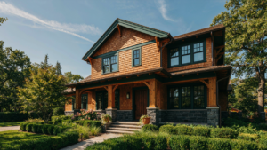 A stately craftsman home exterior with warm wood, dark stone, and green trim.