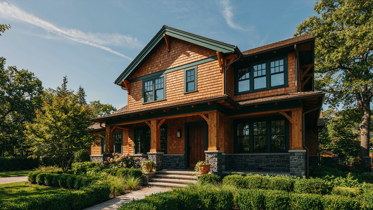 A stately craftsman home exterior with warm wood, dark stone, and green trim.