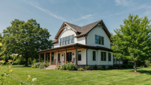 A craftsman farmhouse with a wide porch and natural stone foundation.