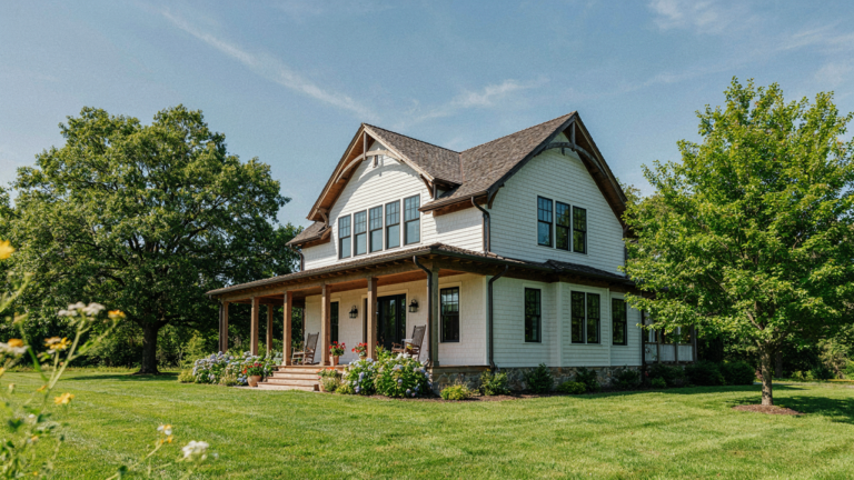 A craftsman farmhouse with a wide porch and natural stone foundation.