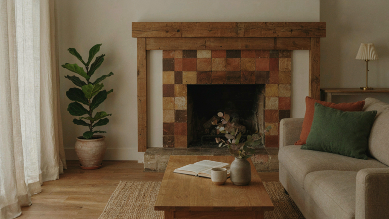 A warm craftsman fireplace with a timber mantel and handcrafted tiles in a living room.