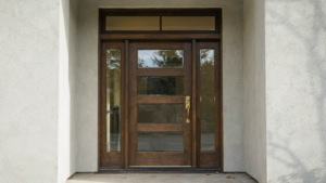 A craftsman front door with sidelights and a transom, showcasing glass and wood details.