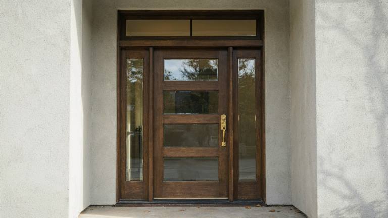 A craftsman front door with sidelights and a transom, showcasing glass and wood details.