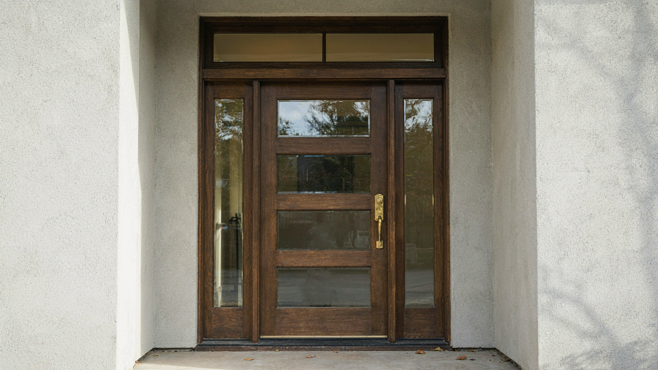 A craftsman front door with sidelights and a transom, showcasing glass and wood details.