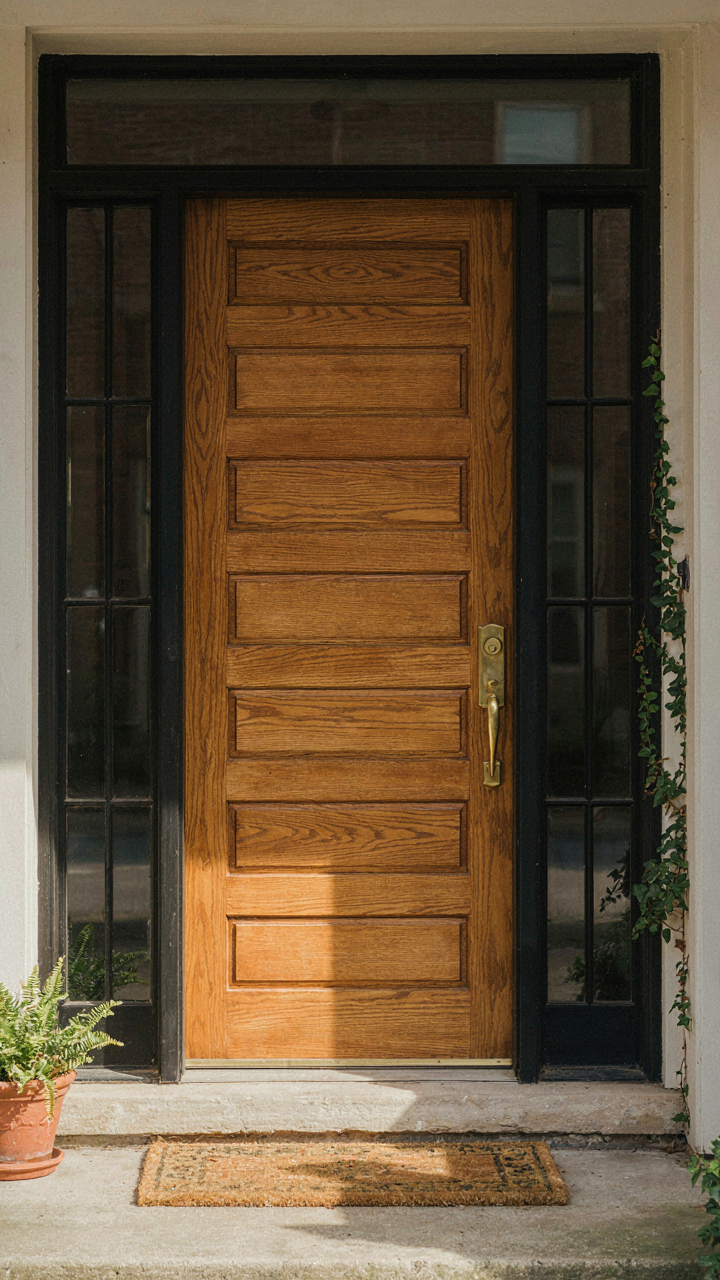 A craftsman front door with balanced sidelights, showing proportional width.
