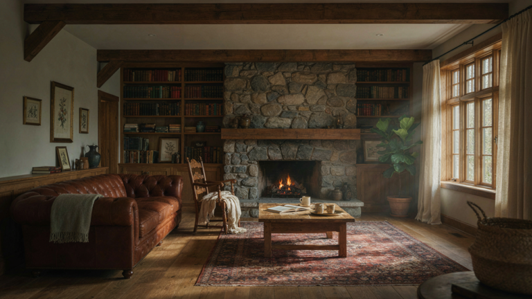 A craftsman house living room with built-in shelves, a fireplace, and wooden beams.