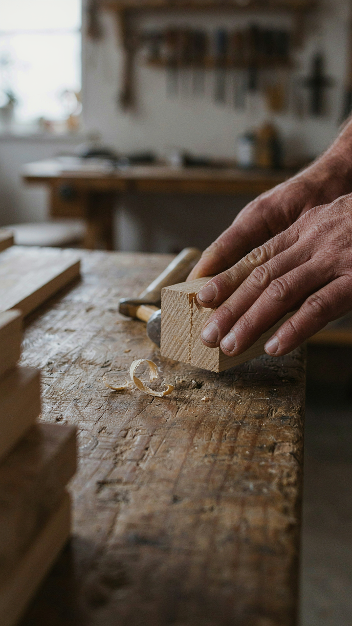 A craftsman's hands joining two pieces of wood with a mortise and tenon joint.