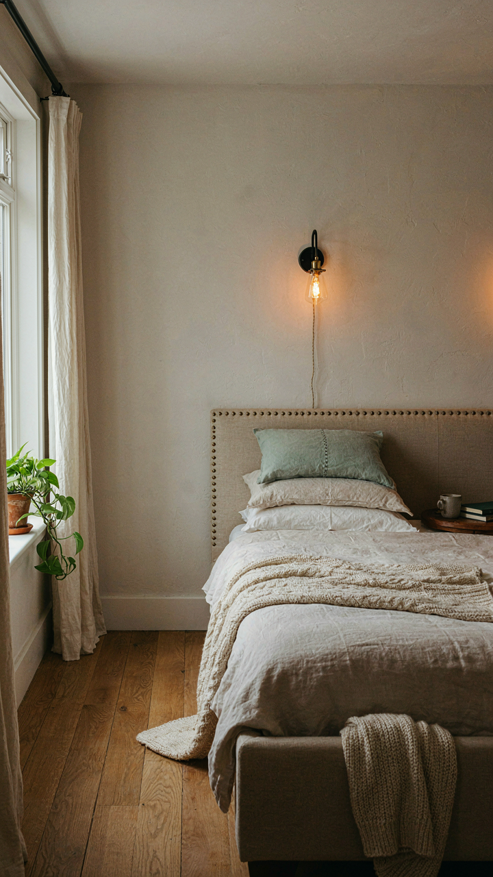 A craftsman bedroom with a linen headboard and a warm wall sconce.