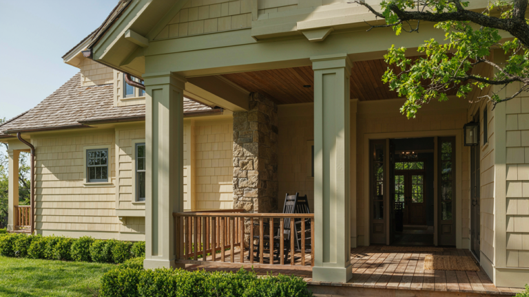 Grand craftsman porch with tapered columns on a home exterior, showcasing elegant design.