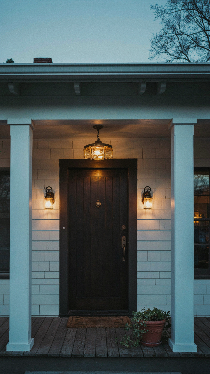 Craftsman porch at dusk, illuminated by ceiling fixtures and wall sconces.