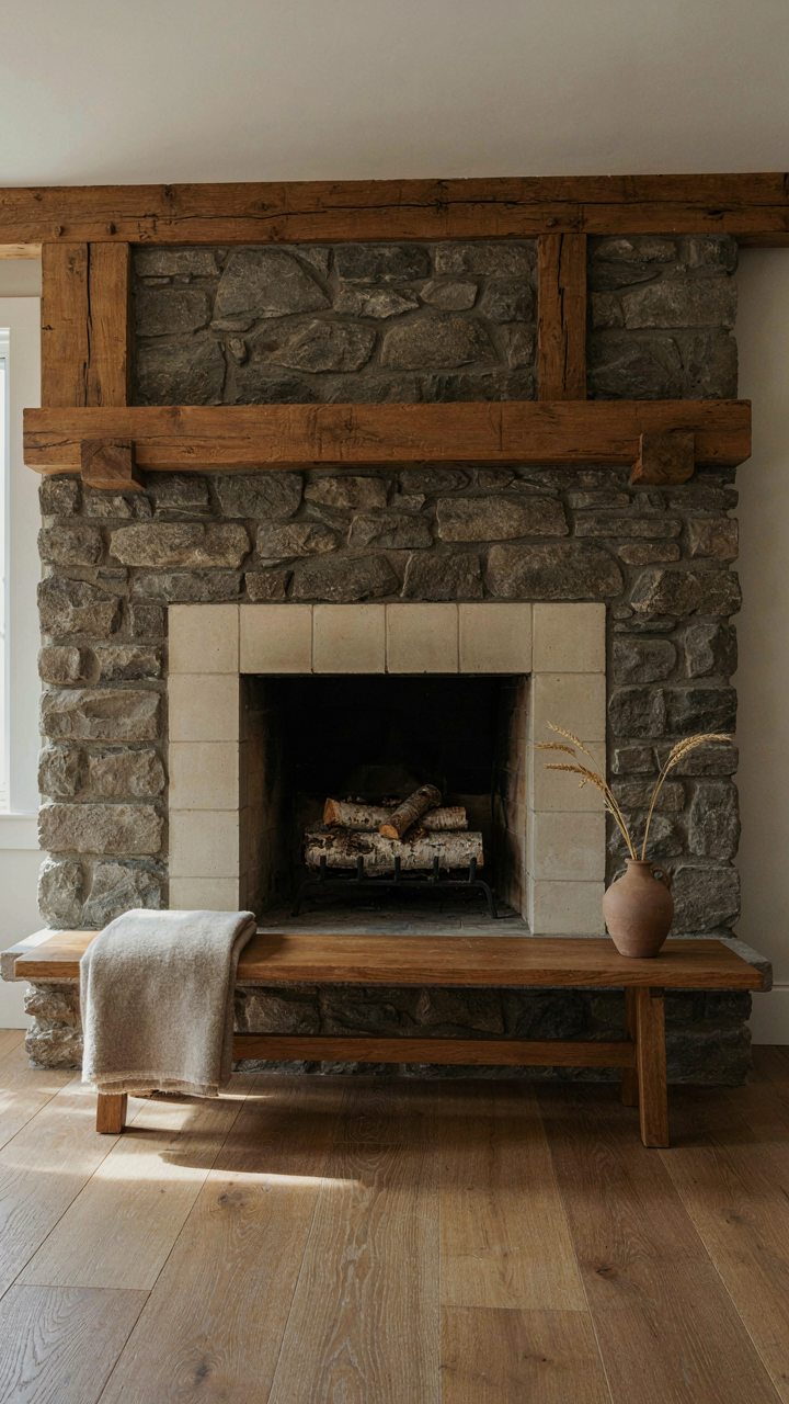 A craftsman fireplace showing honest materials and visible timber joinery.