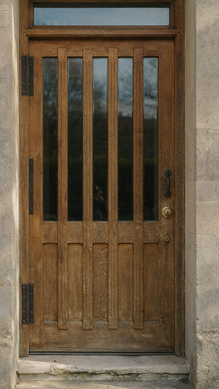 An old black and white photo of a classic craftsman front door.