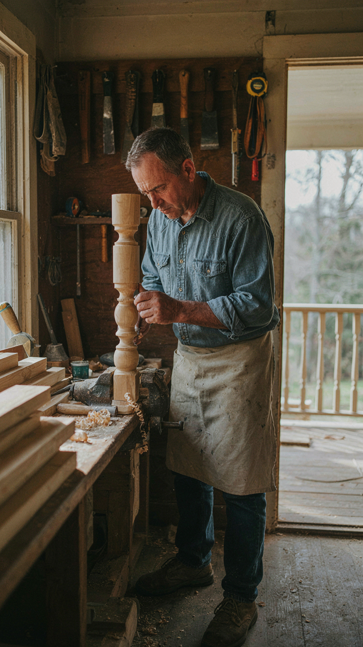 A skilled carpenter hand-shaping a unique wooden baluster for a railing.