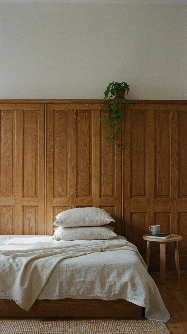 A striking wooden headboard dominates a small cottage bedroom with minimalist decor.