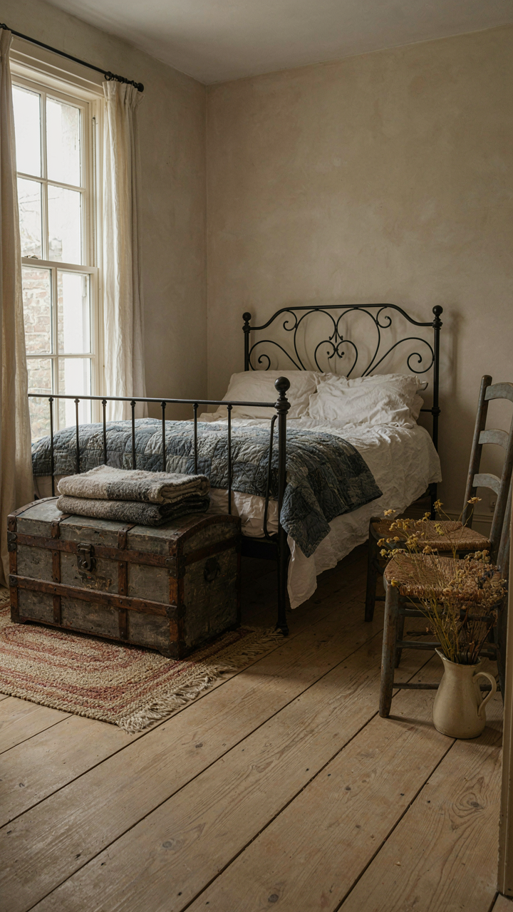 A weathered trunk at the foot of a cast iron bed.