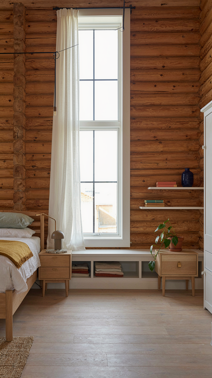 Minimalist scandinavian log cabin bedroom with built-in white storage bench.