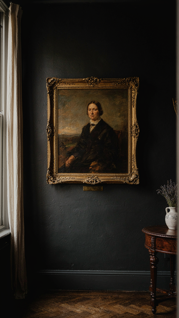 A beautifully framed 1870s oil painting hangs on a dark, empty wall.