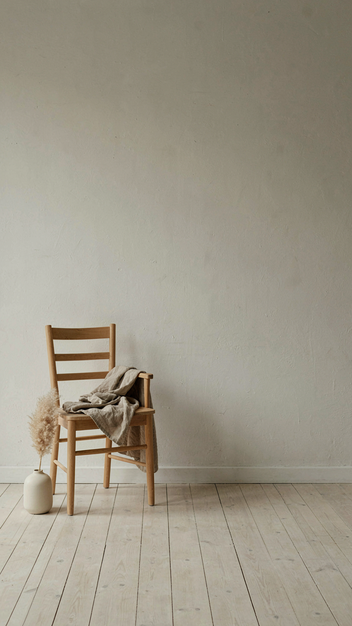 A minimalist scandinavian cottage living room with a wooden chair and linen throw.