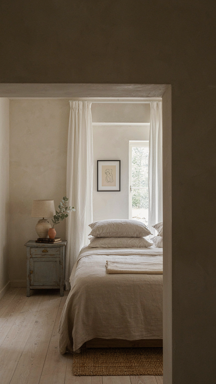 A minimalist coastal cottage bedroom with a weathered nightstand and simple bed frame.