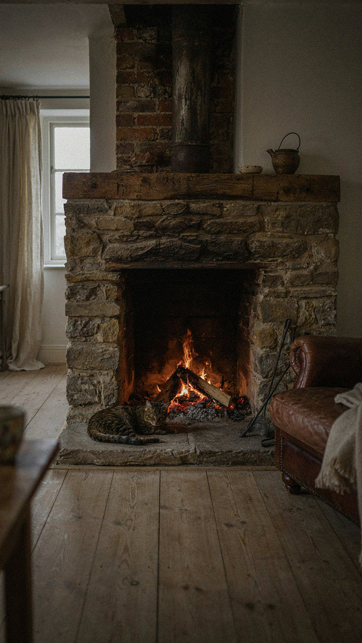A strong stone fireplace with a timber lintel in a rustic cottage.
