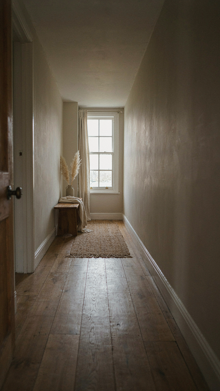 Narrow hallway in a cottage bungalow with a window at the end, letting in bright light.