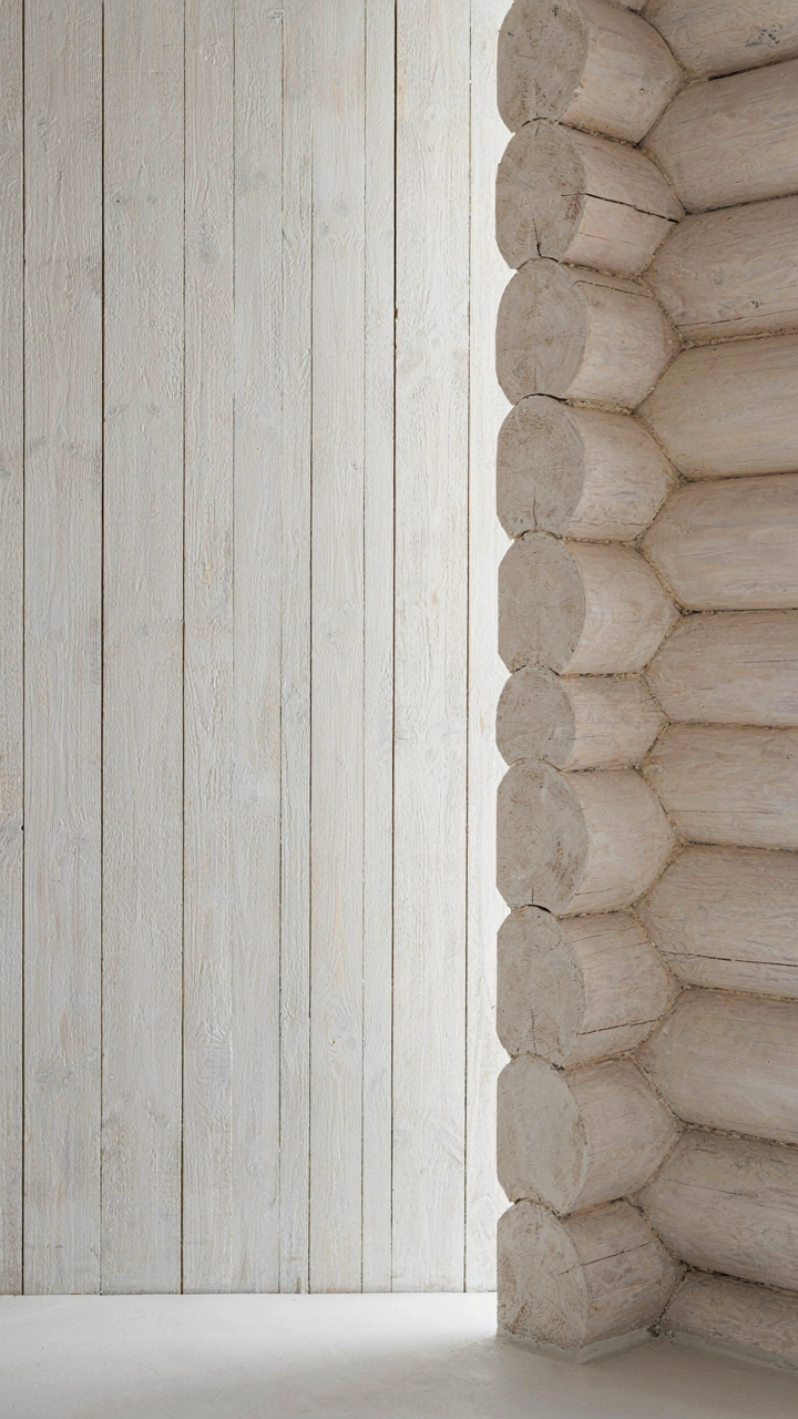 Comparison of a smooth whitewashed timber wall and a pale painted log wall.