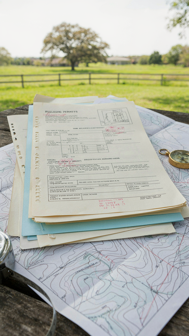 Stack of building permits and zoning documents on a property map.