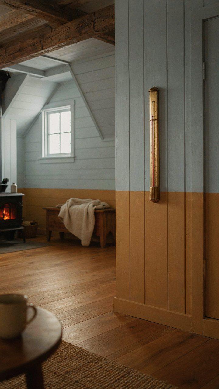 A thermometer shows a temperature difference between a farmhouse main floor and loft.