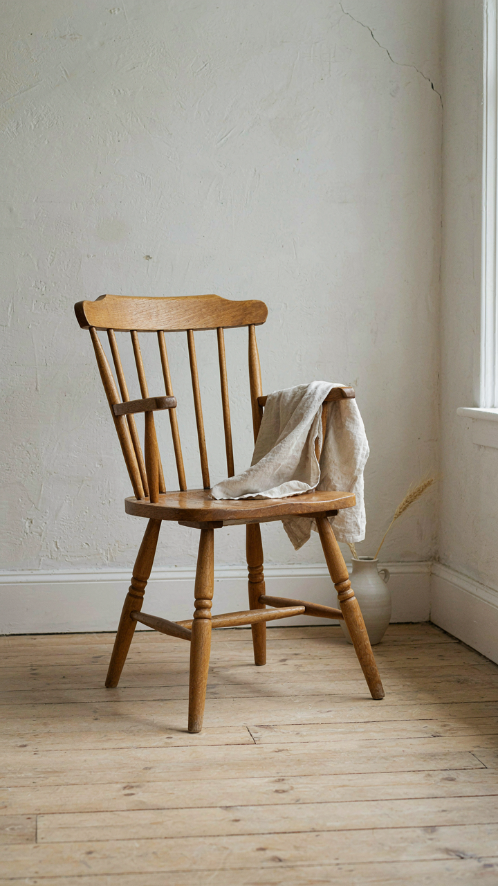 A solitary Windsor chair in a minimalist small farmhouse room, clean and bright.
