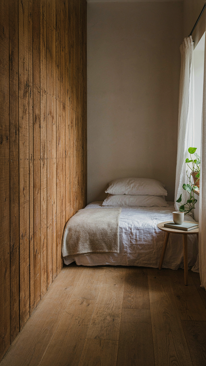 A minimalist tiny cabin bedroom with a vacant wooden wall and a simple bed.
