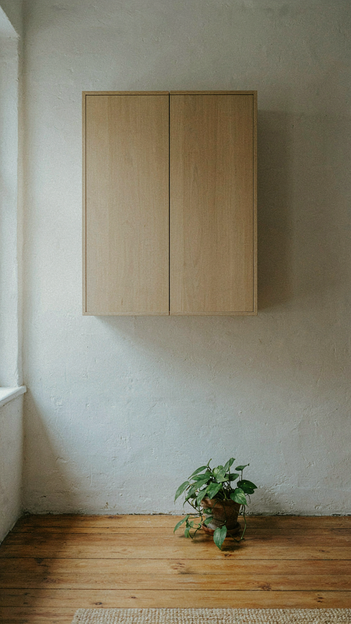 A closed wooden cabinet for hidden storage in an office.
