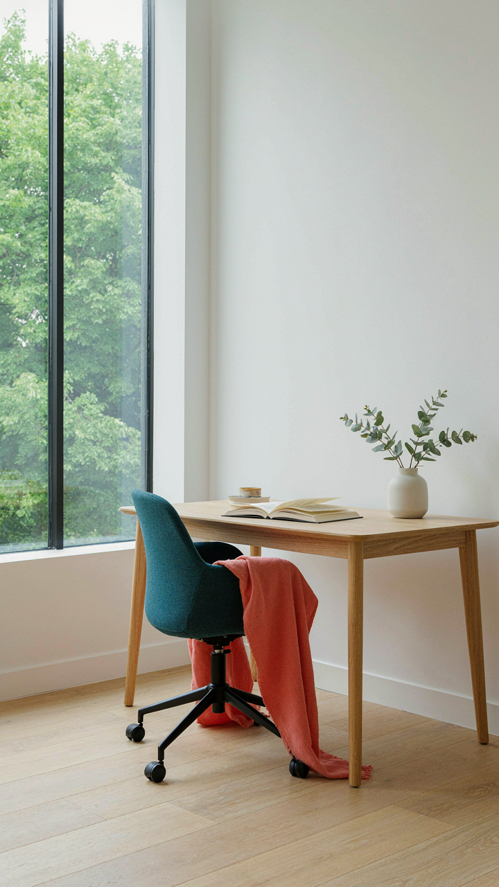A minimalist study with a pale wood desk and an open book.