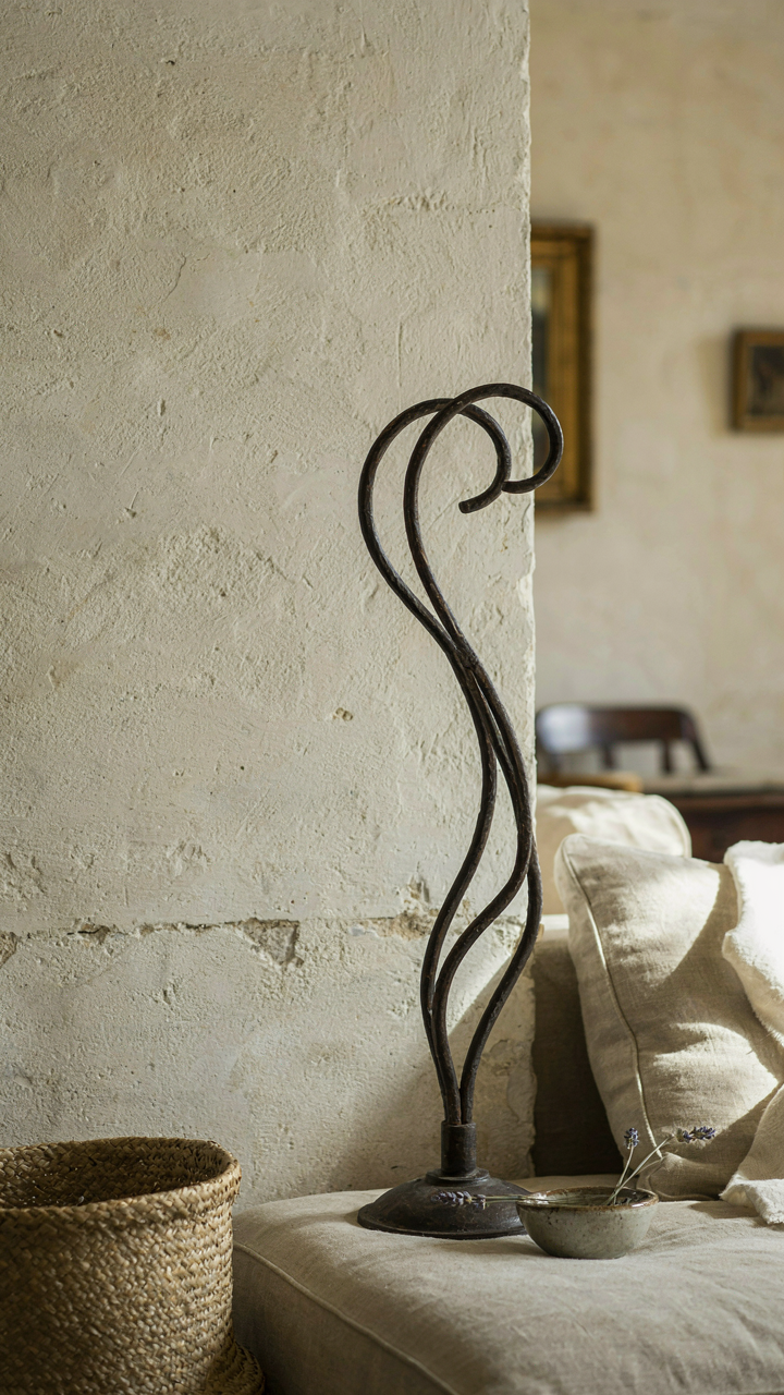 Close-up of layered textures like plaster, linen, and wrought iron in a French country room.