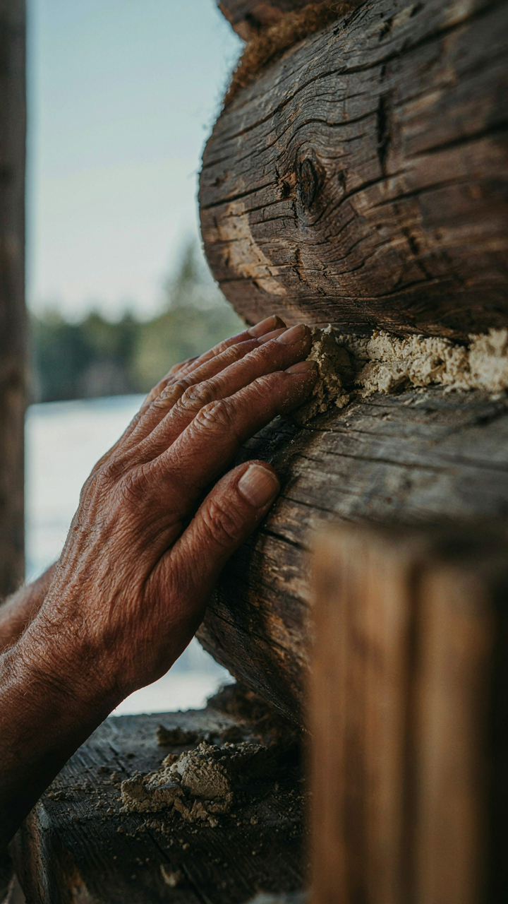 Elderly hands inspect the chinking between logs on an old Finnish log cabin.