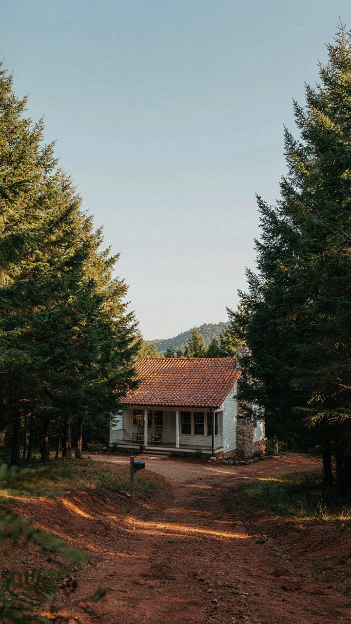 A bungalow sits in a landscape with red clay soil and green trees.